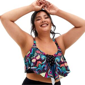 Torrid Multi Ikat Geo V-Flounce Swim Bikini Top Size 1 1X 14-16 NWT